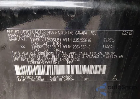 2015 Toyota Rav4 Limited from USA, damaged, VIN 2T3DFREV7FW391547